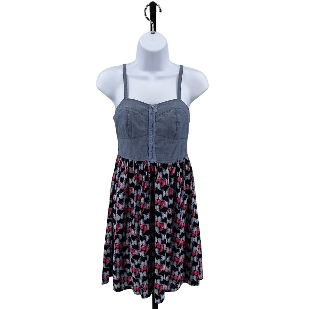 No Boundaries Butterfly Print Dress Womens S(3-5) Gray/Pink/Black Smocked Skater